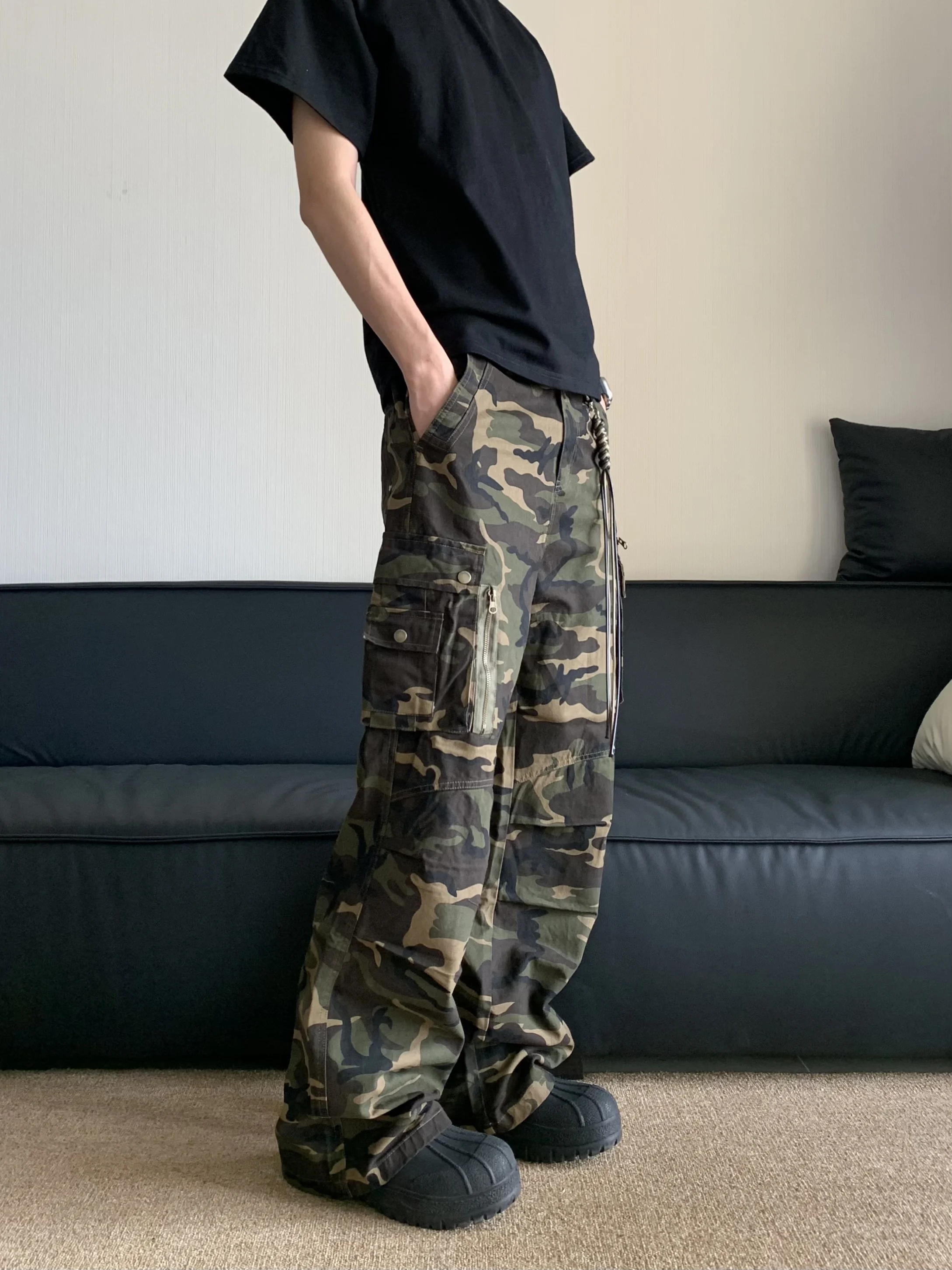 Pantalones de camuflaje de tubo recto para hombre, ropa de calle holgada con bolsillos grandes, Cargo, de cintura alta, a la moda, 2024