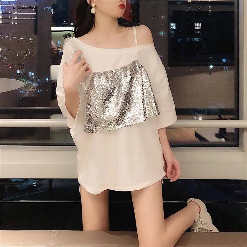 Women Summer Fashion Loose Glitter Cotton Off Shoulder Skew Collar Short Sleeve T-Shirt Ladies Casual All-match Appear Thin Tops