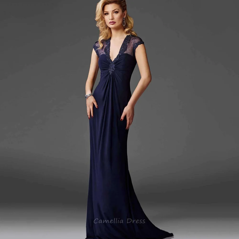 Customized Mother of the Bride Dress V Neck Wedding Guest Gown Vintage Lace Cap Sleeve Evening robe mother of bride