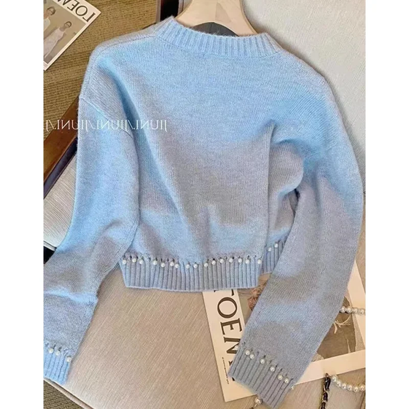 NEW Women Blue Clothing Vintage Knitting Sweater Chic Round Neck Long Sleeve Casual Korean Fashion Baggy Female Winter Tops