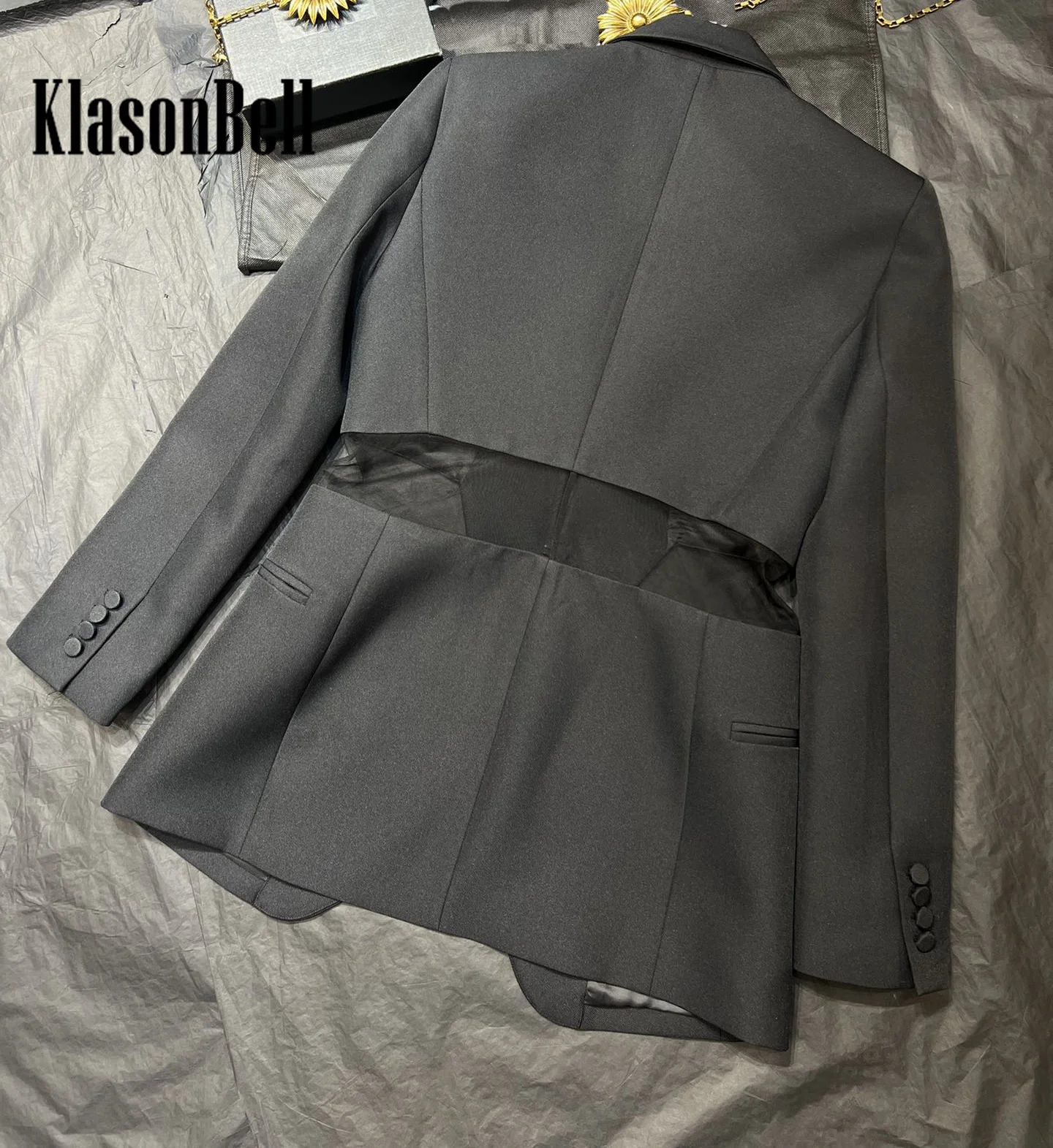 8.2 KlasonBell Women Fashion Personality Sheer Mesh Spliced Exposed Waist Blazer Lapel Collar Hook Buckle Collect Waist Jacket