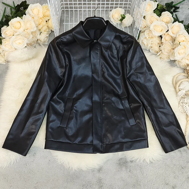 2026 Fashion Commuting High End Sense Turn Down Collar Pu Leather Jacket Women Spring New Loose Coat Black Versatile Slim Fit