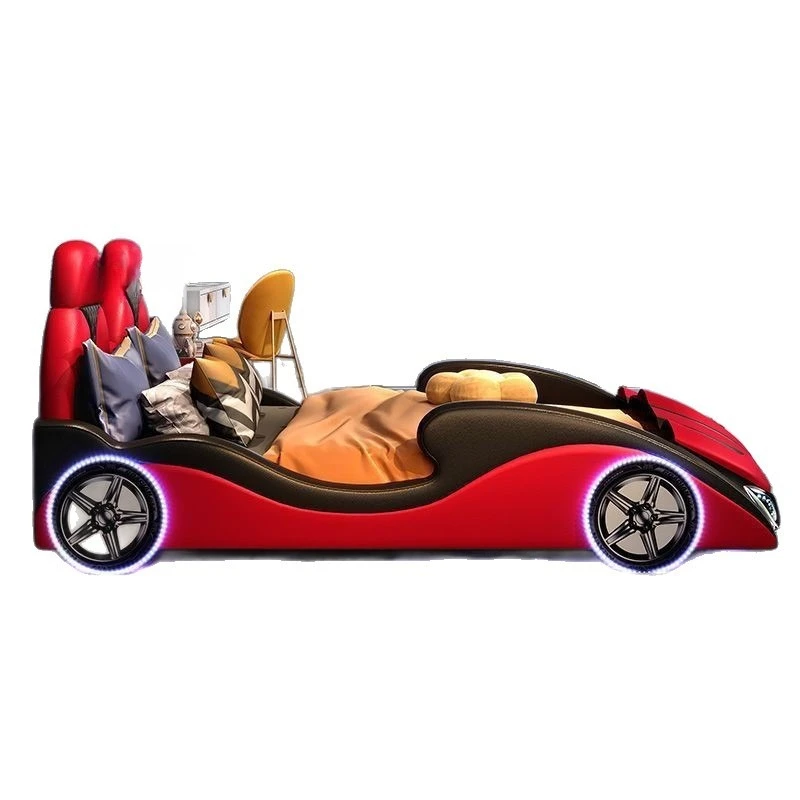 

Children's bed simple modern cartoon sports car with guardrail single bed Internet celebrity children's room leather bed