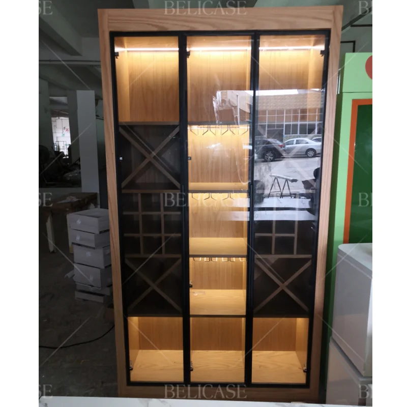 

customized.High End Wine Store Furniture Design Supermarket Whiskey Wooden Rack Design with Led Light Champagne Wine Cabinet Dis