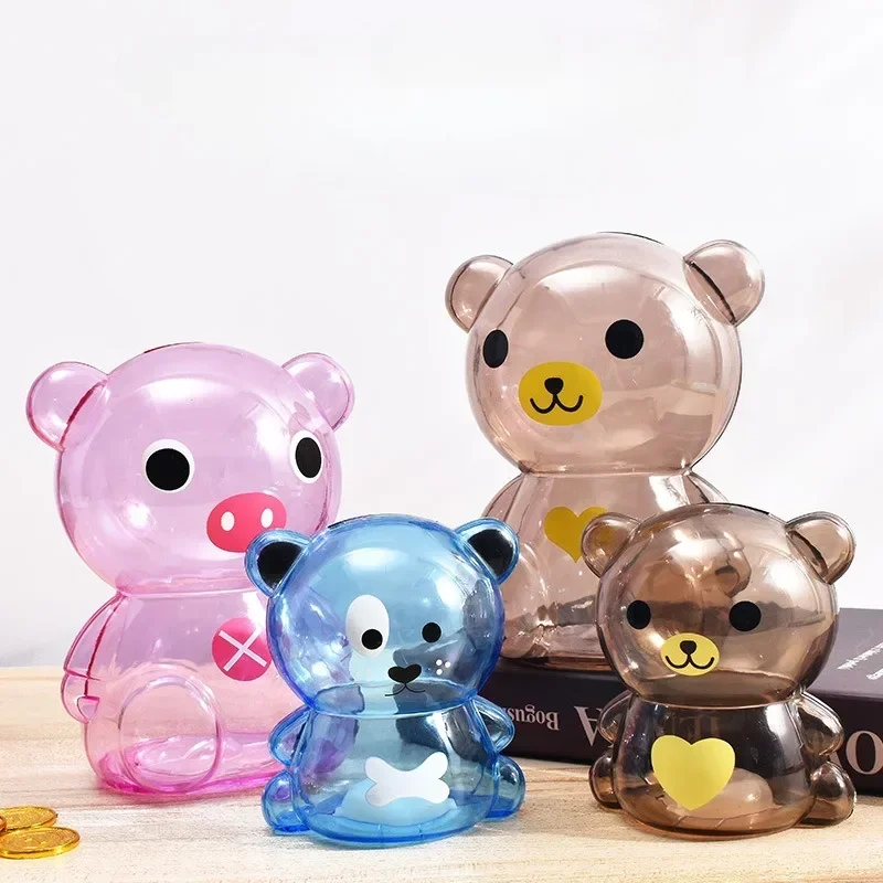 3D Creative Little Bear Piggy Bank Cute Safe Deposit Box Transparent Coin Paper Money Saving Box Kids Holiday Gift Desktop Decor