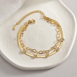 Vintage Stainless Steel Blade Chain Bracelets Fashion Cubic Zirconia Double Layer Heart Chain Bracelets Women Jewelry