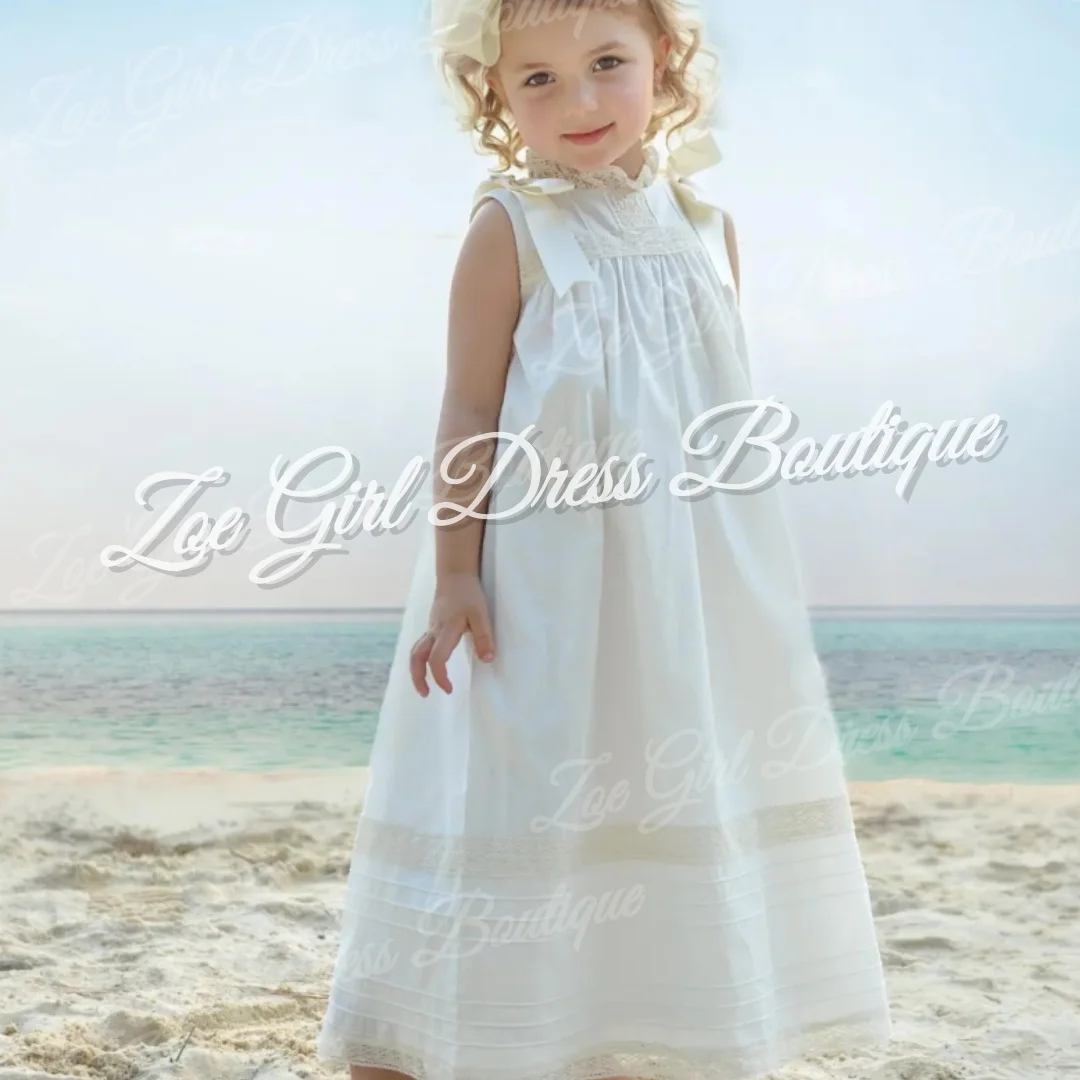 Ivory Sleeveless Lace Ribbon Bow Baby Girls Dresses Christening Beach Wedding Party Infant Photoshoot Gowns Customized