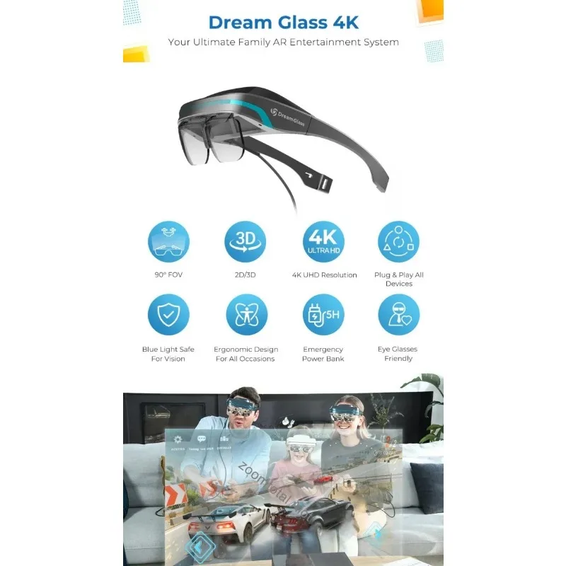 نظارات عين صديقة للظارات الذكية AR 4K/90 dgree/2D/3D ببساطة التوصيل والتليفزيون/اللعب للسينما والتلفزيون/اللعبة // الطبية/الصناعة2025