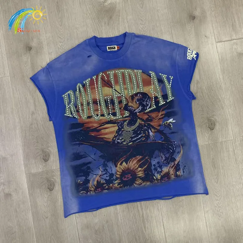 

Hip Hop Skeleton Print Vintage Washed Blue Rough Play T Shirt Men Women Flash Diamond Logo RoughPlay Together Sleeveless T-Shirt