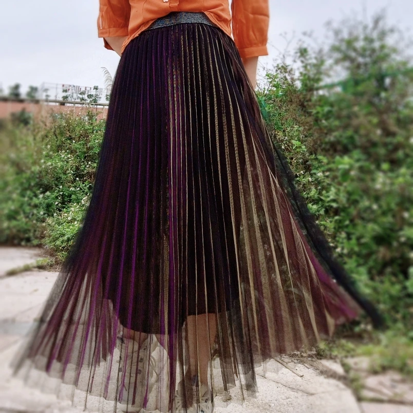 Primavera verão menina coreano elasticidade cintura alta moda gaze saia plissada longa a linha versátil personalidade chique cor saias