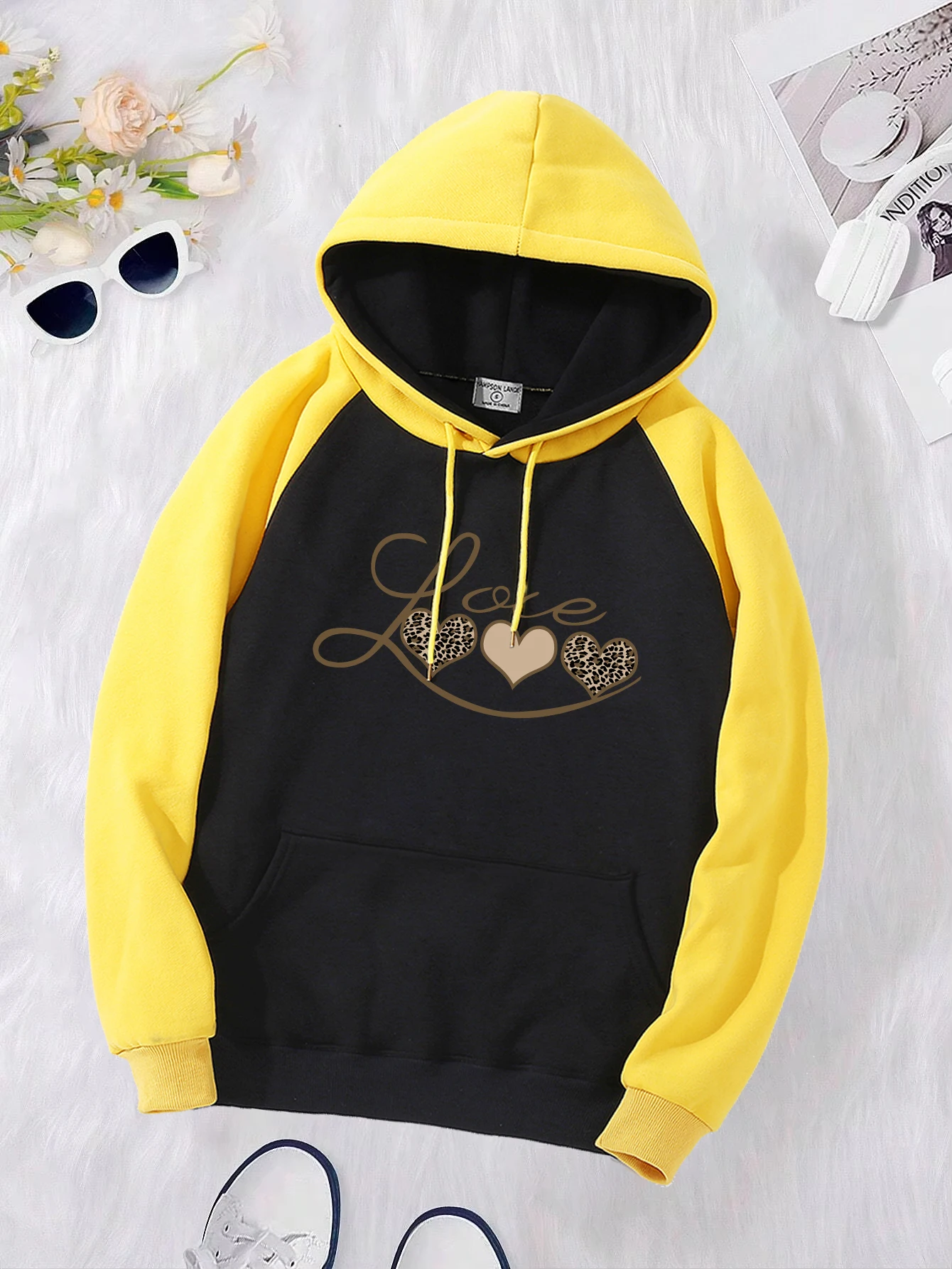 Leopard Print Love Print Women Raglan Hoodies Warm Oversized Streetwear All-Match Pocket Hoody Autumn Fleece Y2K Sportswears