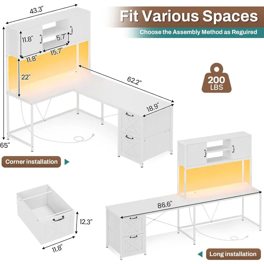 Home Office Desk with Fabric File Drawers & Power Outlet, Gaming Desk with LED Lights, Hutch & Storage Shelves，LED Office Desk