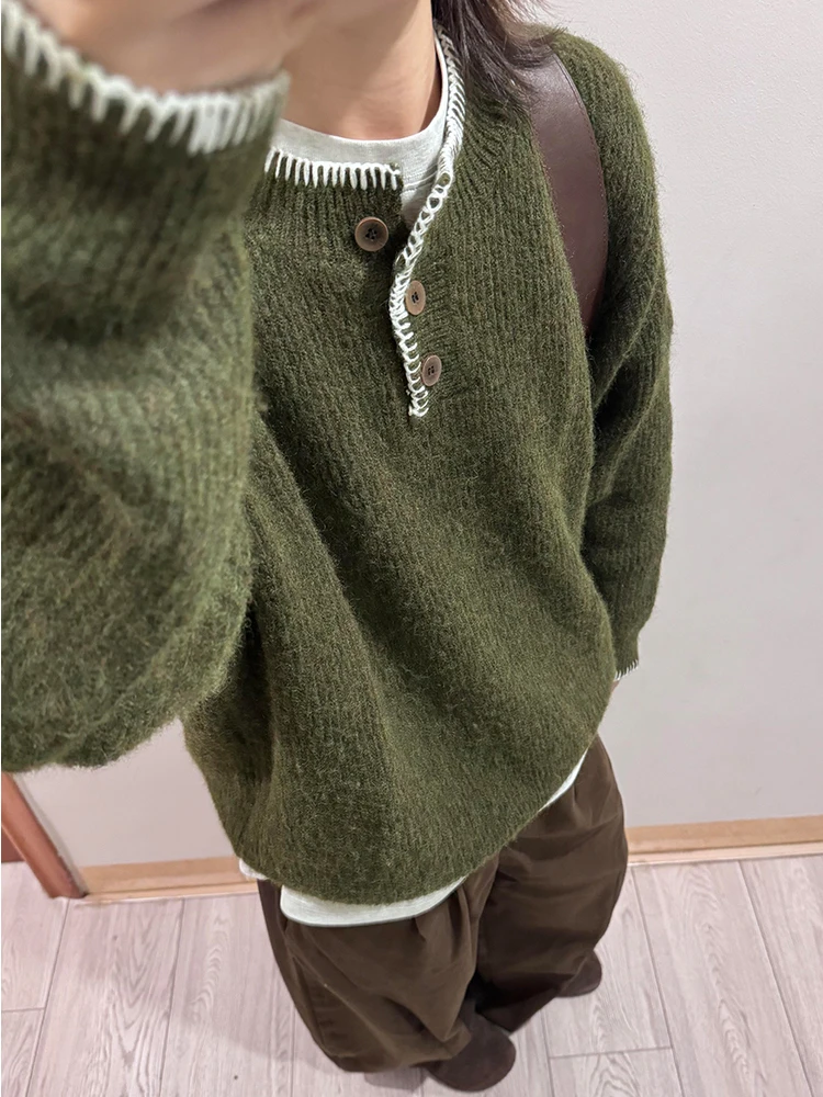 

American Sle Henry Collar Knitwear Men's Aosphere Sense Lazy Sle High-End Feeling k een Color Sweater Coat
