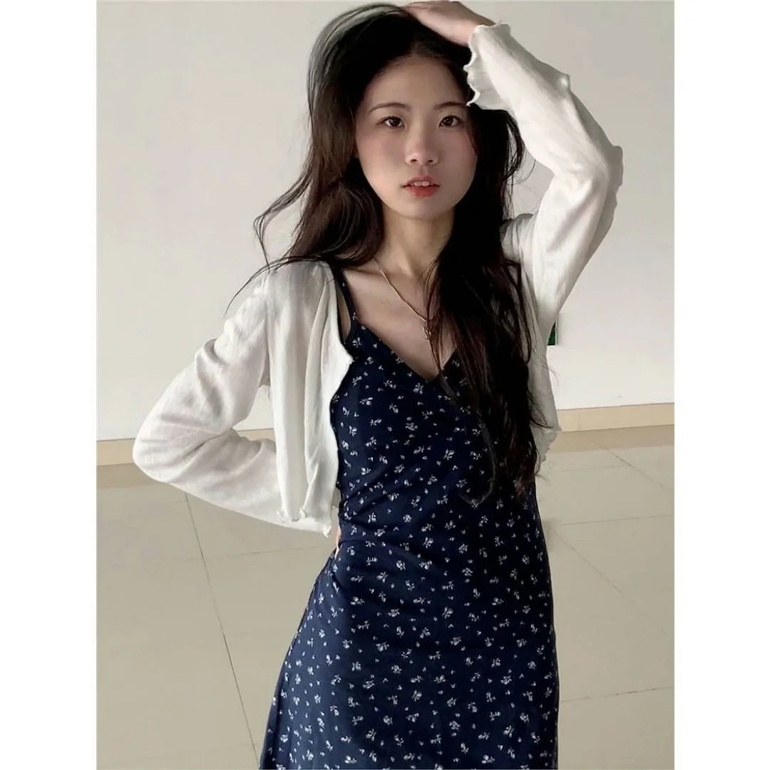 فستان نسائي صغير الحجم مزين بالورود مع سترة منسوجة عادية مجموعة ملابس خريفية للتخسيس غطاء أنيق للإجازات لفصل الربيع #3