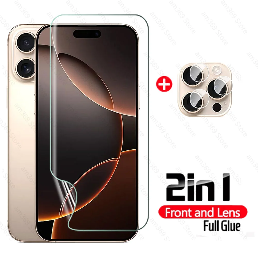 2in1 Full Glue Hydrogel Film For iPhone 16 Pro Max Screen Protector iPhone16 Plus iPhone16Pro 16Pro 16ProMax Lens Camera Glass