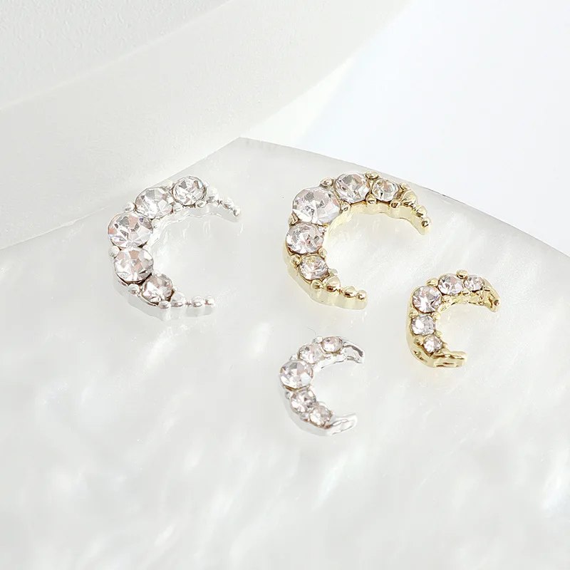 10PCS Japan AB White Diamond Pearl Inlaid Gold Silver Crescent Moon Alloy Nail Art Rhinestones Jewel Decorations Manicure Charms view 4