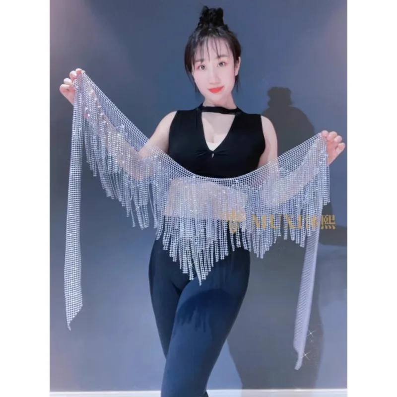 Customized Belly Dance Belt Mesh Diamond Wave Tassel Hip Scarf Starry Series Bright Diamond Skirt Samba Carnival Costumes