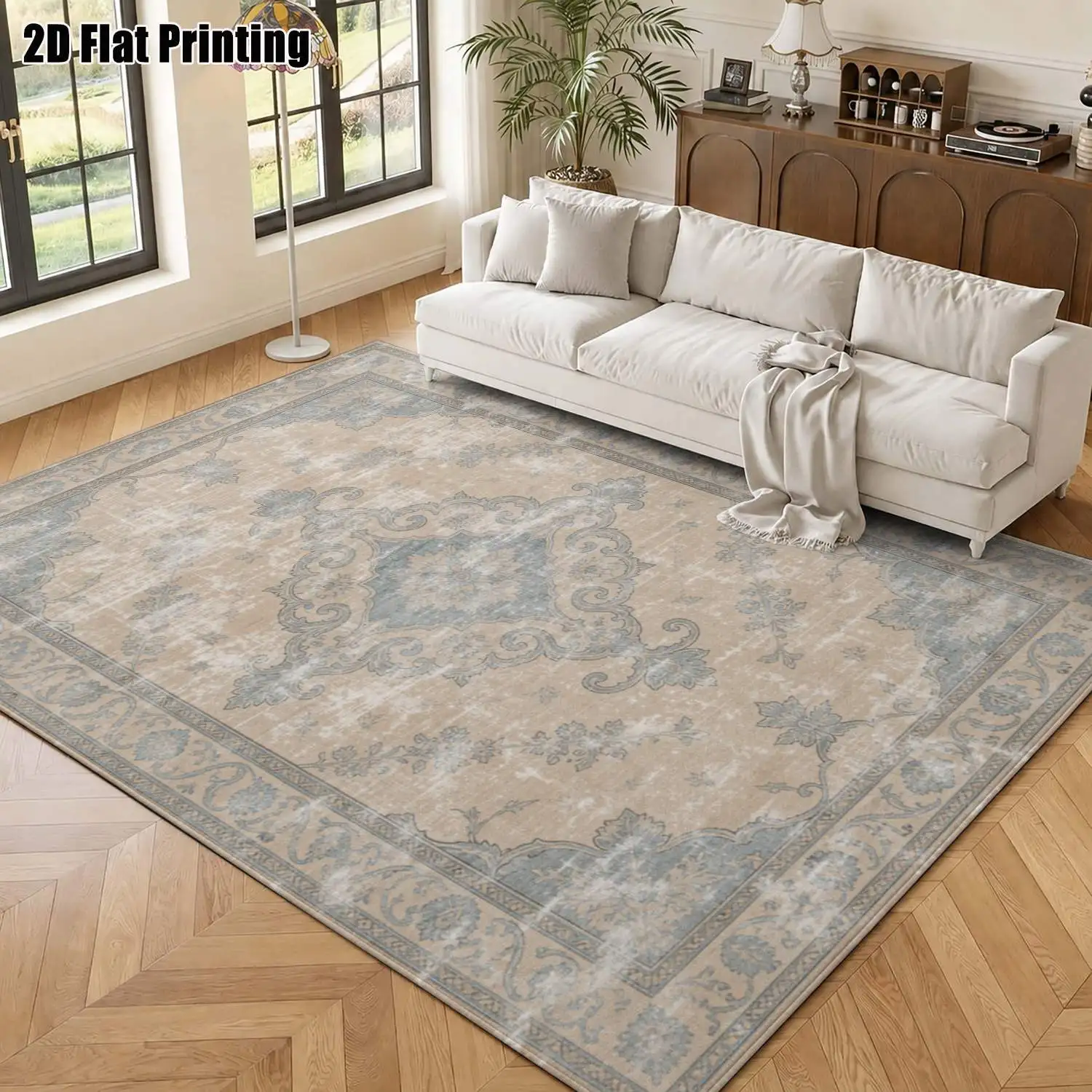 1Pc 2D Printed Retro Blue Brown Pattern Carpet, European Vintage Geometric Home Decor, Multi-Size Machine Washable, Suitable for Entrance/Dining/Foyer/Bedroom/Living Room