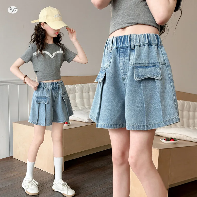 Girls' 2026 summer bag covered denim shorts, mid to large children's casual high waisted A-line pants pleated wide leg pants