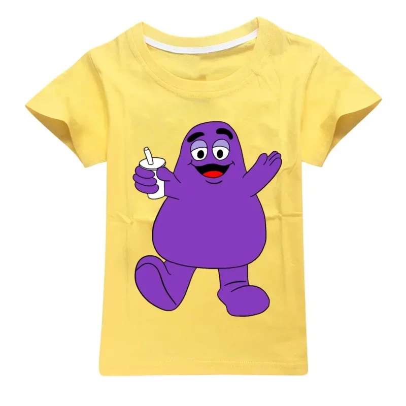 Grimace Shake เสื้อยืดเด็กสาวการ์ตูนผ้าฝ้าย Tees อะนิเมะฤดูร้อนธีมวันเกิดเสื้อผ้า O-คอแขนสั้นของขวัญ
