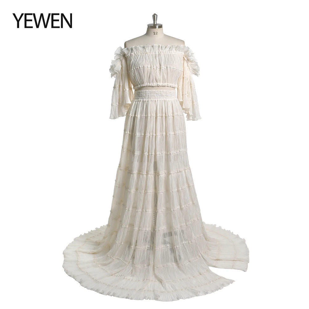 

Elegant Two Piece Off The Shoulder Gown Maternity Dress for Photo Shoot with Side Slit Boho Maternity Gown for Baby Shower YEWEN