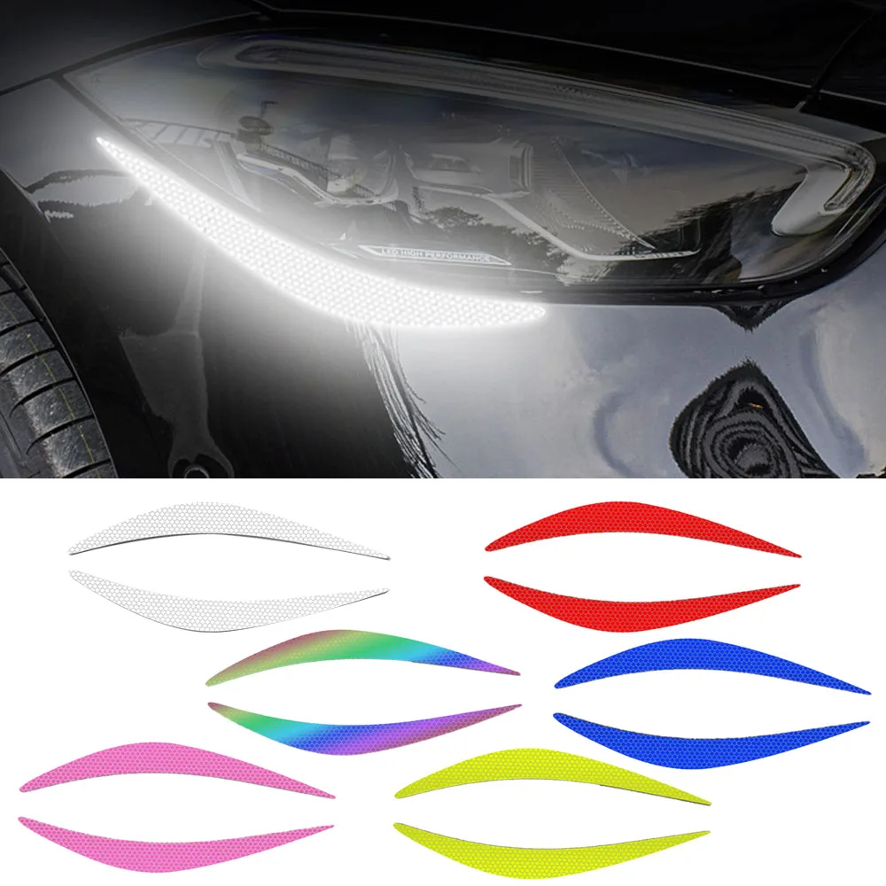 

2pcs Car Headlight Eyebrow Reflective Stickers Auto Front Light Decoration Night Driving Safety Warning Trim Strip Accessories