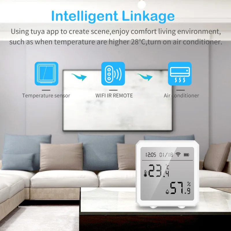 Tuya WiFi Temperature Humidity Sensor Indoor Hygrometer Thermometer Detector Intelligent Linkage Remote Monitoring LCD Display