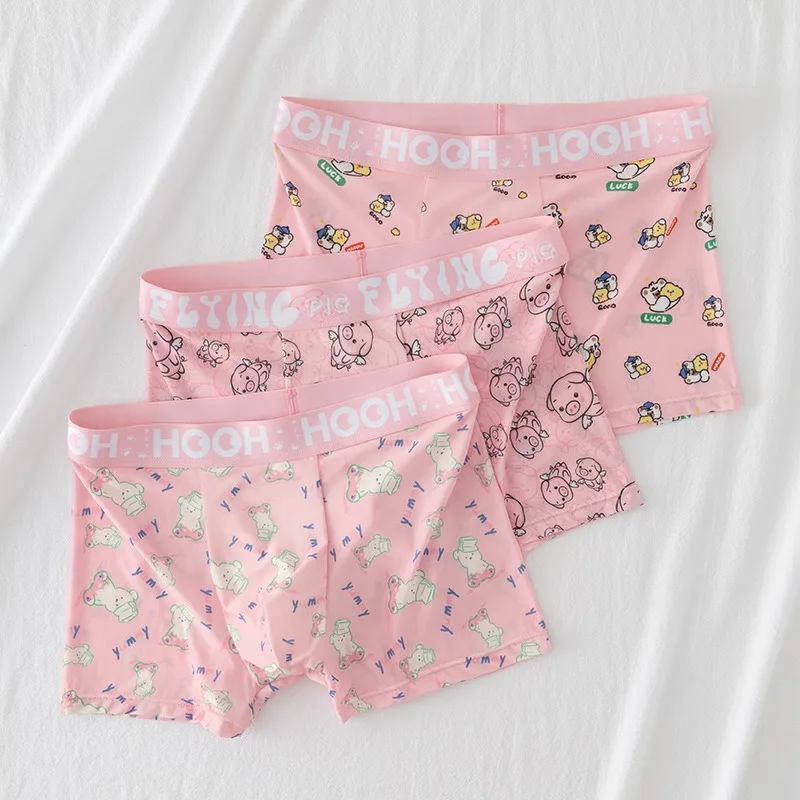 

Ice Silk Flat Boxer Pink Shorts U Convex Pouch Cute Cartoon Panties Breathable Summer Mens Underware Soft Naked Feeling Lingerie
