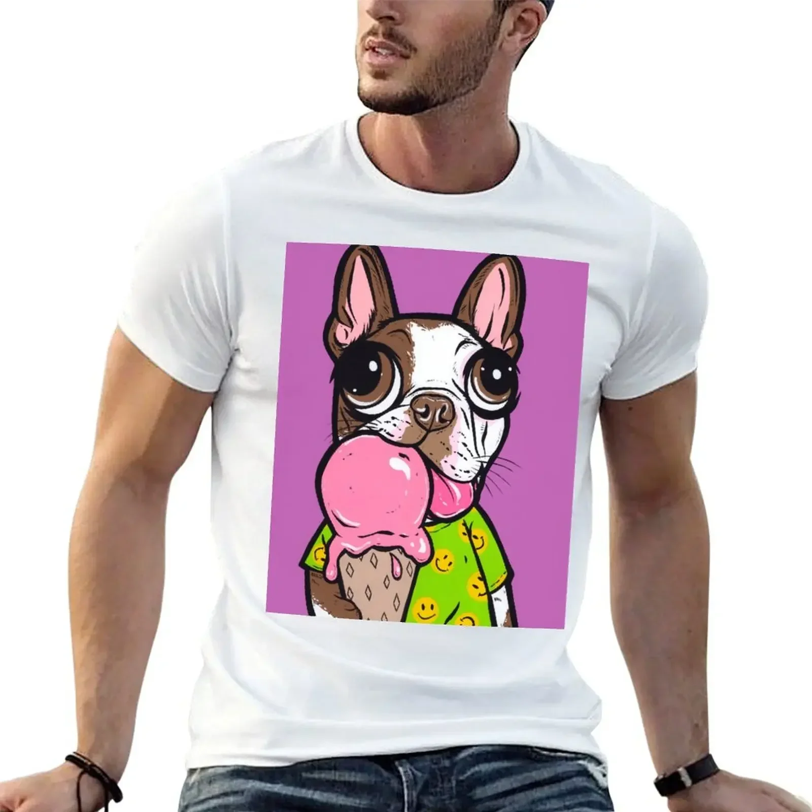 Brown Boston Terrier Ice Cream T-Shirt basketball graphic tees Short sleeve tee heavyweights t shirts men