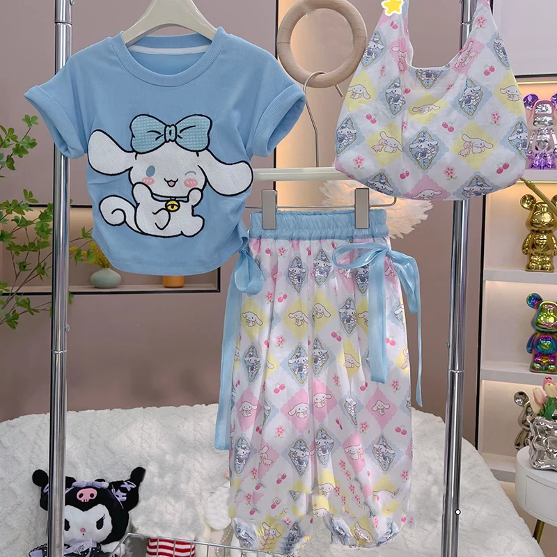 New Sanrio Girl Summer Short Sleeved Tops Long Pants Set Cartoon Cinnamoroll Printed 2Pcs Casual Popular T Shirt Trousers Suit