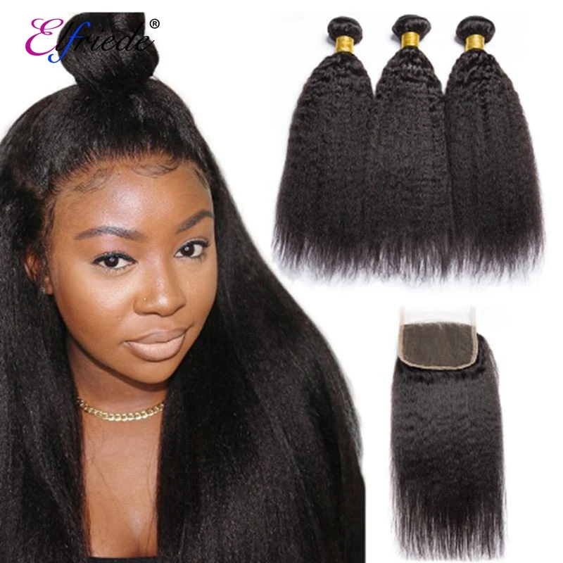 Elfriede Natural Black Bundles with Closure Kinky Straight 100% Brazilian Remy Human Hair Weaves 3 Bundles with 4X4 Lace Closure