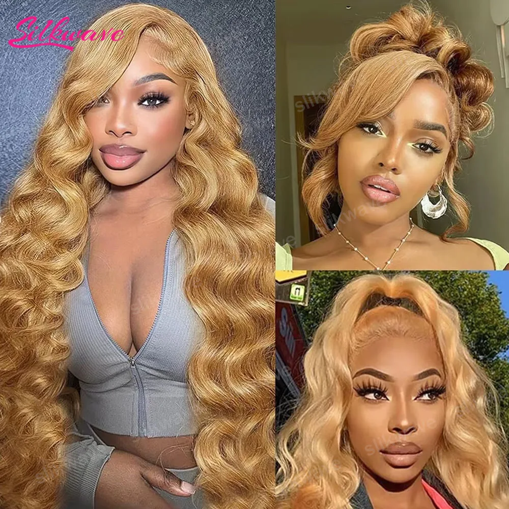 

Парик из натуральных волос цвета медовый блонд, 13x6, с HD-кружевом, волнистый, плотность 200%, предварительно выщипанный, бразильские волосы, цвет 27, парик с цветным кружевом спереди