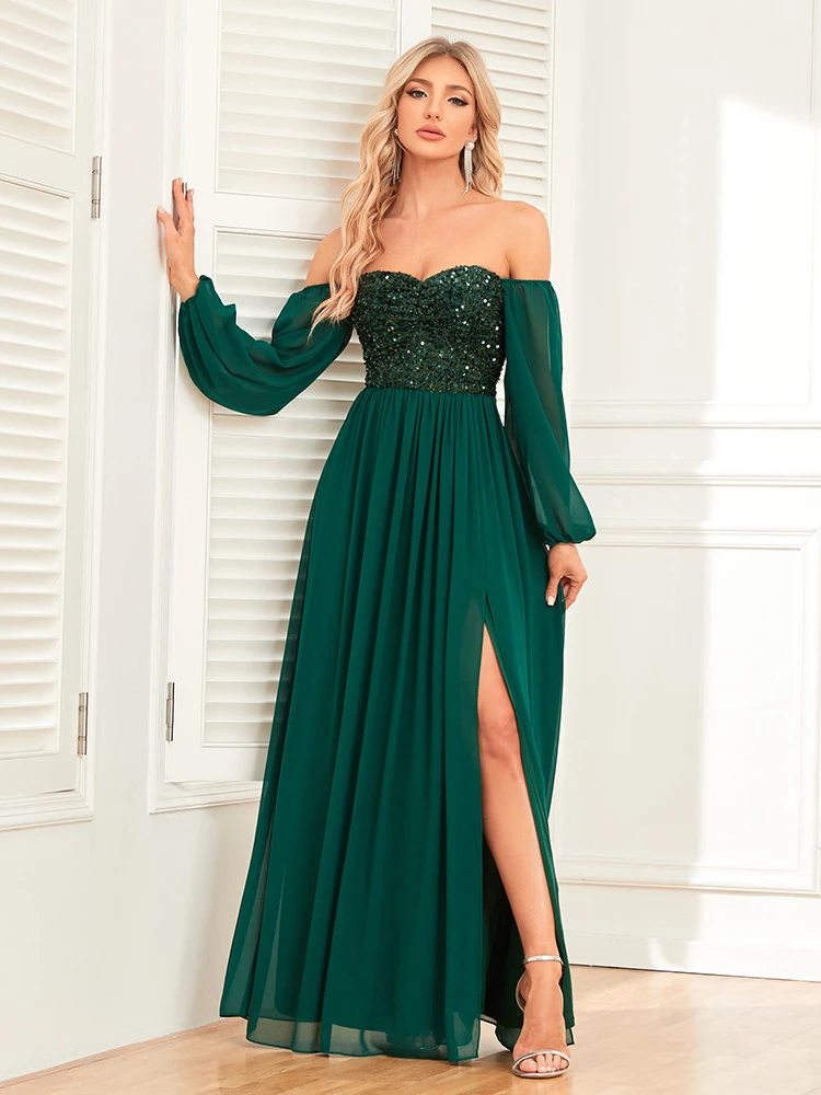 Formal Dress Vintage Long Sleeve Prom Party Frock Chiffon Evening Vestido Sequin Patchwork Sexy Elegant Women Long Skirt 2024