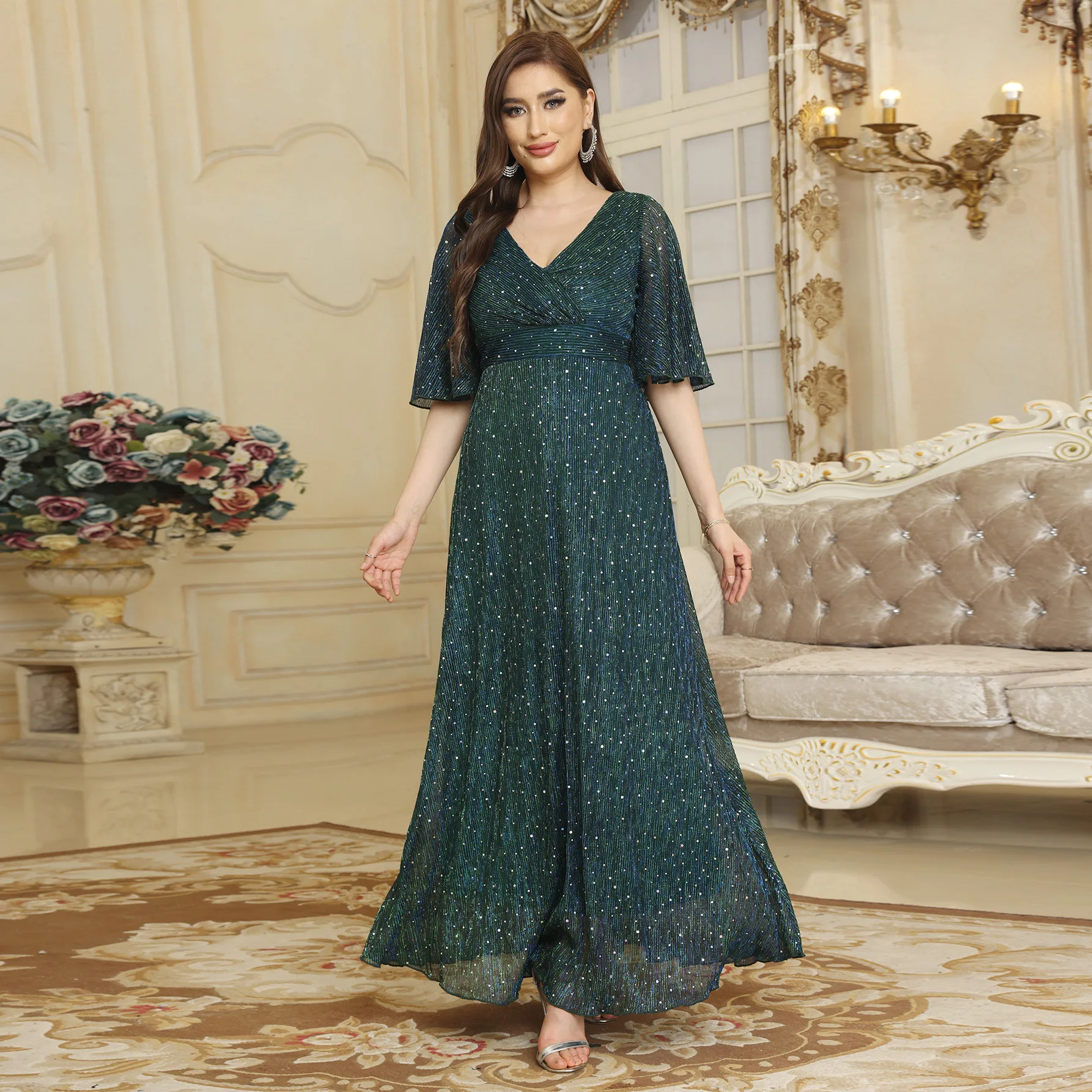 

2024 Elegant Muslim Abaya Dress Women's Long Sleeve Evening Gown Maxi Robe Women's Holiday Dress abayas femme Middle East