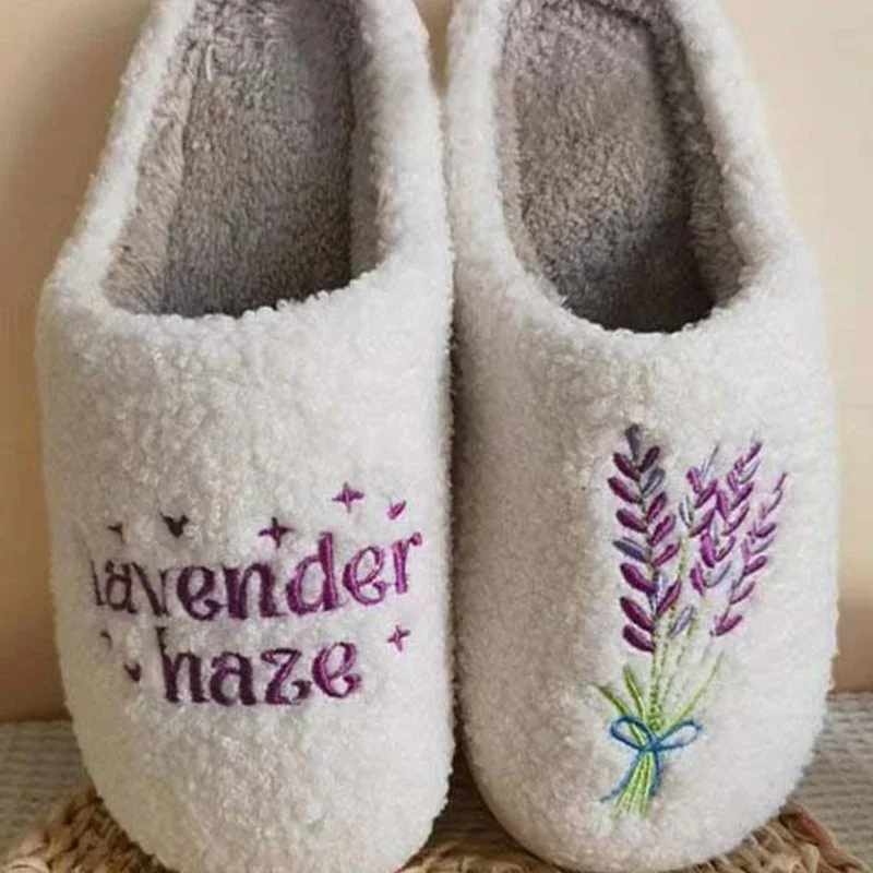 women Home Cotton Slippers Lavender Haze Flower Embroidered Funny Winter Warm Fluffy Flat Plush Slippers Non Slip Birthday Gift