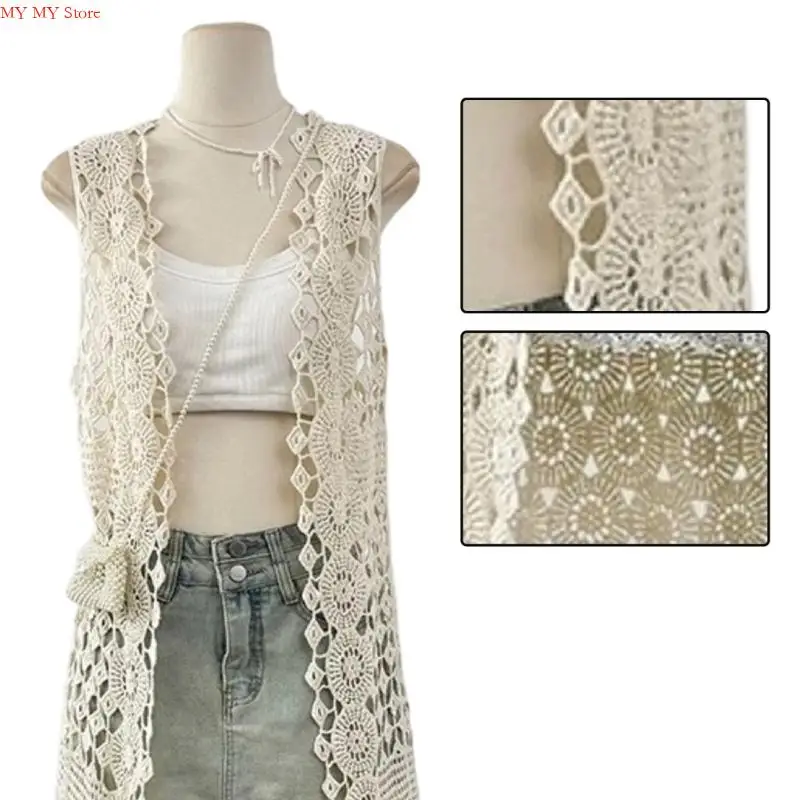 N1HE Lightweight Crochet Lace Top Beach Cover Up Fashion Sleeveless Cardigan For Casual Outfits Multi Occasion Wear