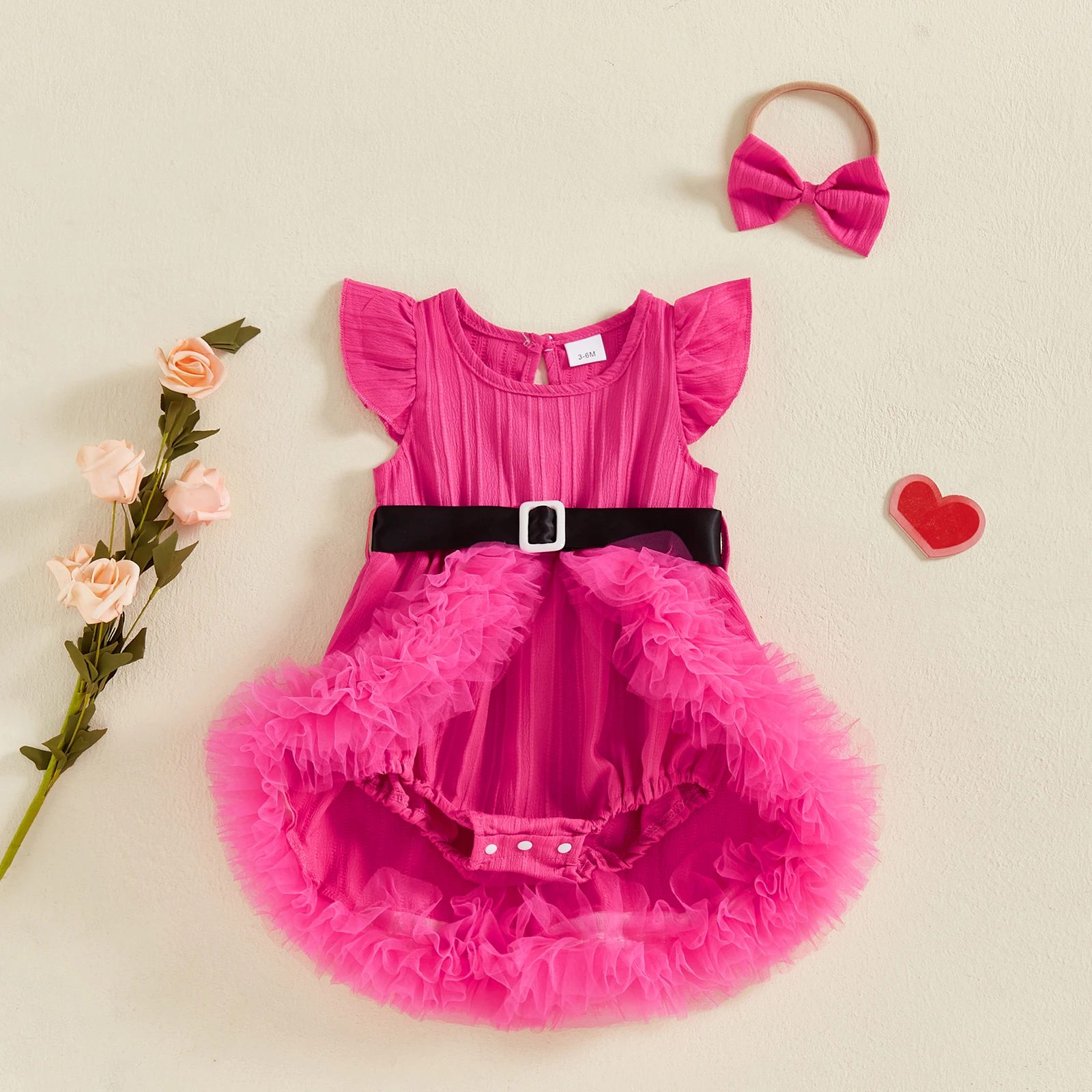 Fashion Baby Girls Belted Romper Dress Mesh Patchwork Fly Sleeves Jumpsuit Headband Set Summer Girls Clothes