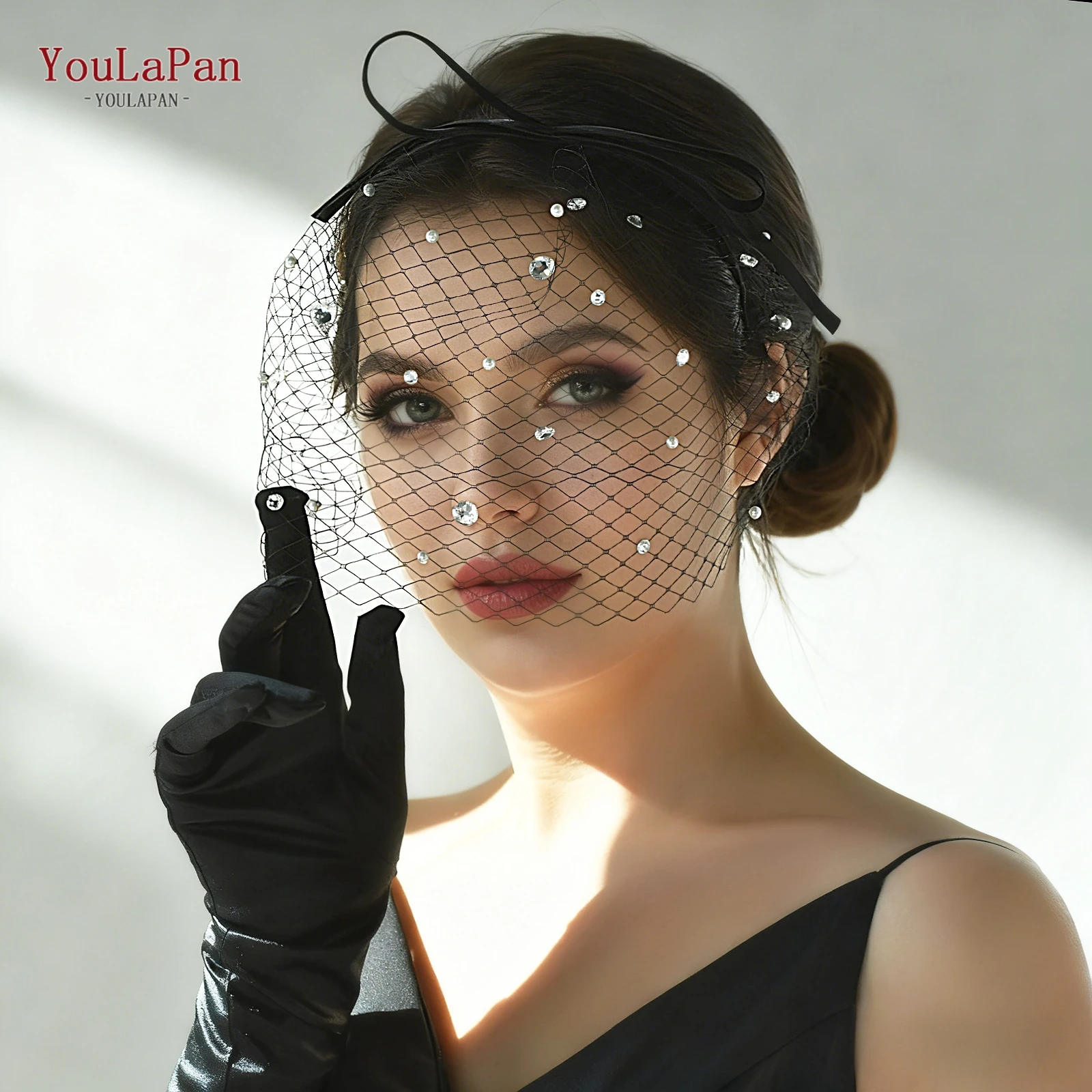 TOPQUEEN 100% Handmade Powder Blusher Veil Rhinestone Bird Cage Veil  Black With Pearl Bow Headband Veil Bridal Hair Veil Ma12