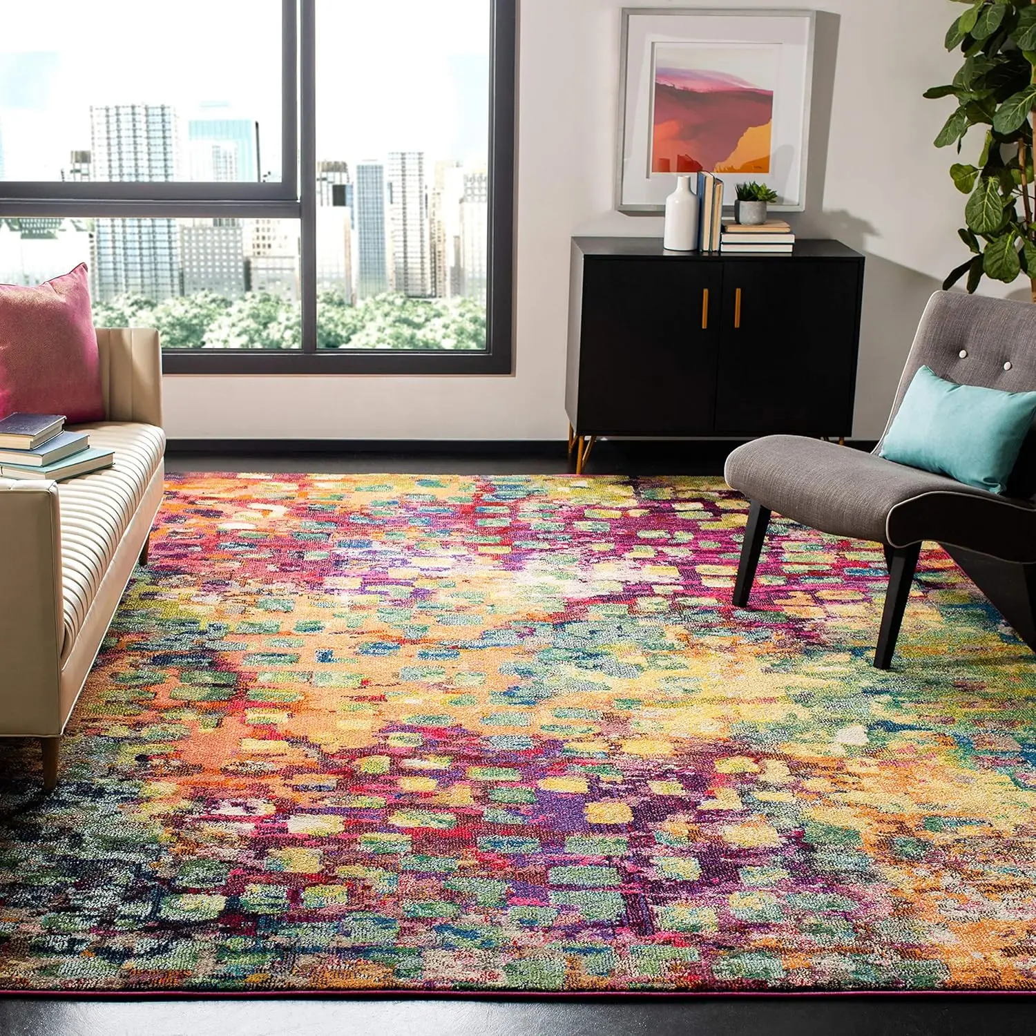 Safavieh Monaco Collection Area Rug - 9' X 12', Pink & Multi, Boho Chic Abstract Watercolor Design, Non-Shedding & Easy Care,