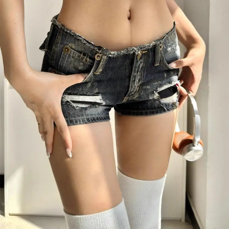

Y2K Vintage Low Waist Denim Shorts Women Harajuku Hole Slim Jeans Gyaru Streetwear Summer