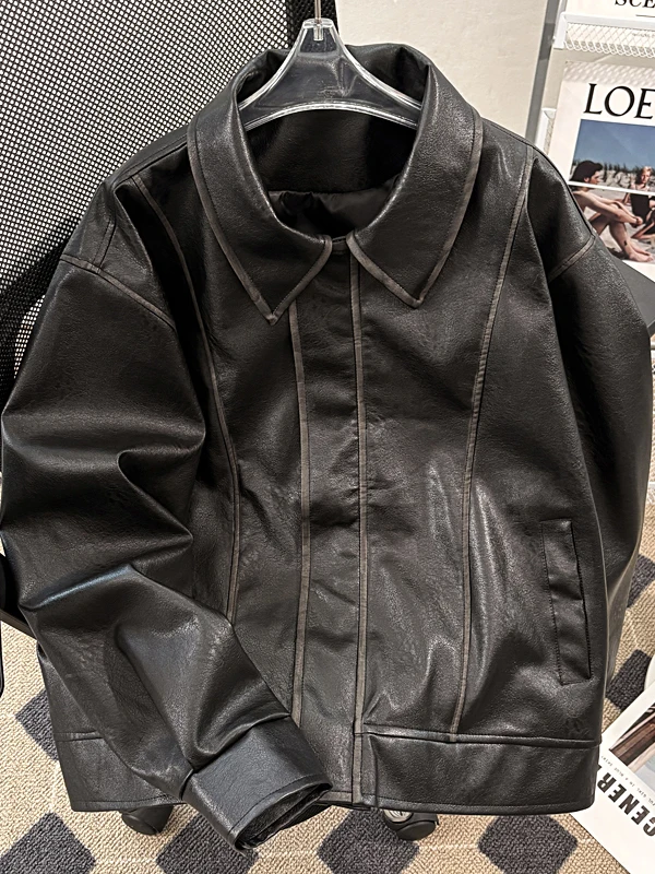 

Кожаная куртка мужская свободного кроя в байкерском стиле, рабочая одежда, модный бренд, молодежная энергия, осенняя коллекция, с длинными рукавами, на молнии