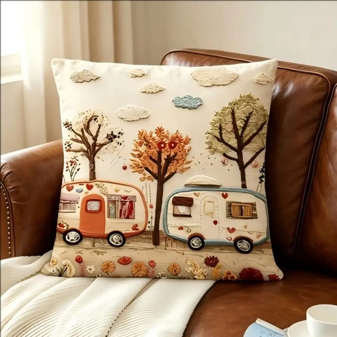 Cute Camper Van Pillow Cover 2D Faux Embroidery Print Retro Caravan Forest Scenery Cushion Case for Sofa Bed Couch Rustic