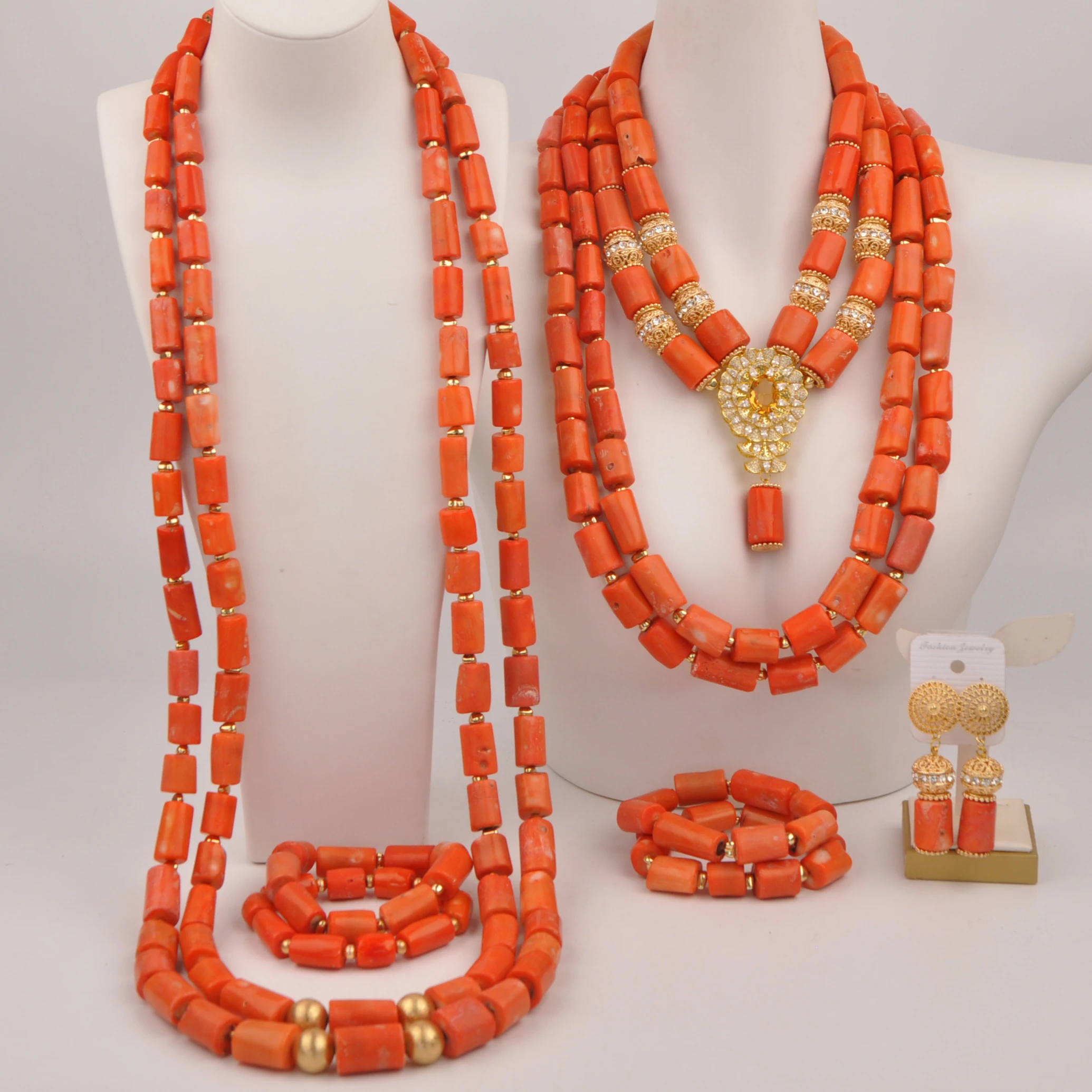 

Fashion African Wedding Necklace Nigerian Original Coral Bead Jewelry Set for Couple