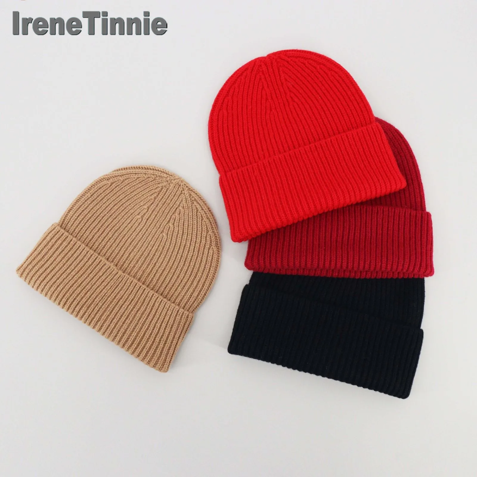 

IRENE TINNIE 100% мериносовая шерсть, новая зимняя шапка для женщин, мужчин, мальчиков и девочек, вязаная крючком шапка Skullies, однотонные вязаные шапки, шапки