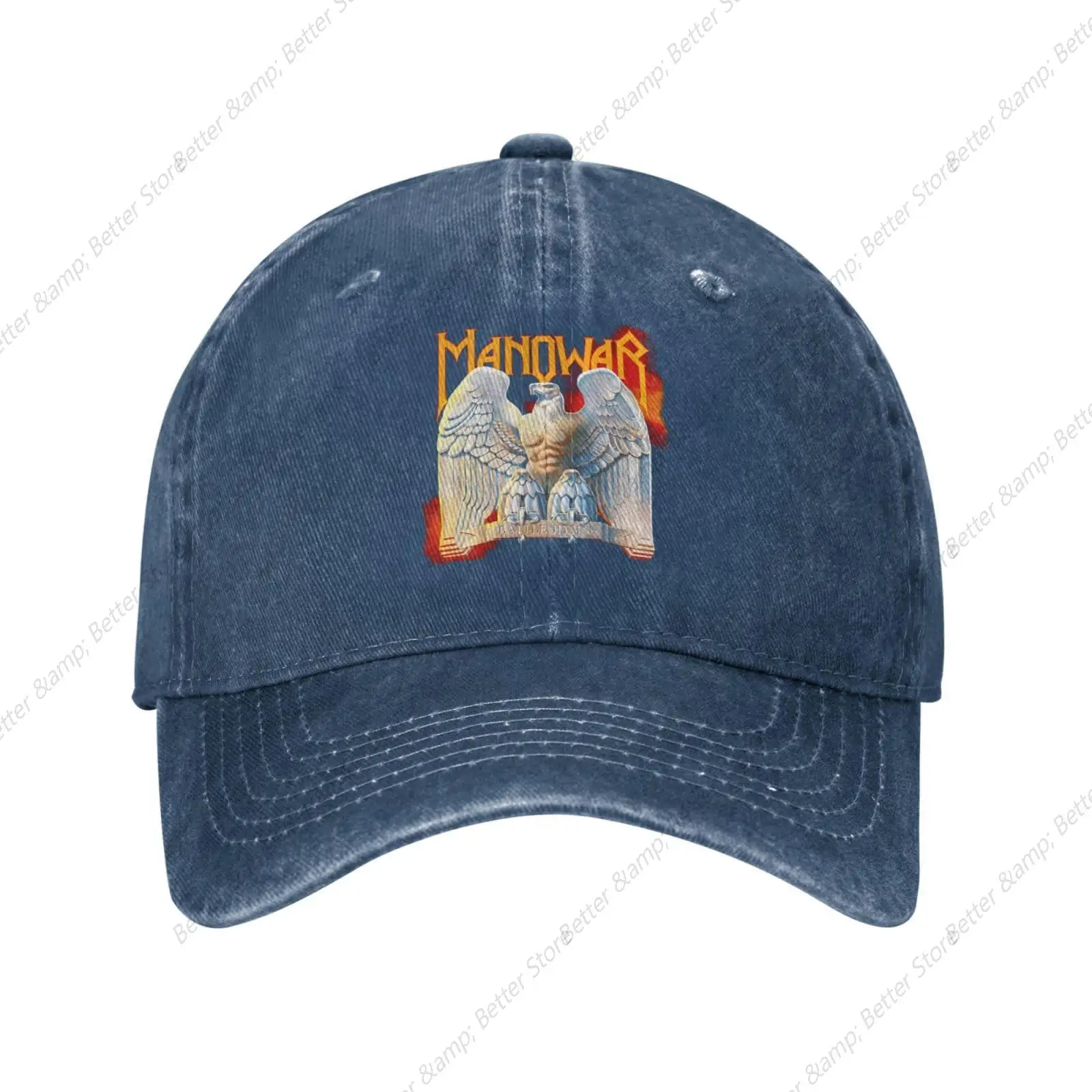 Vintage Denim Washed Printed Baseball Cap Manowars Band Jeans Hats Adjustable Trucker Hat for Men Women