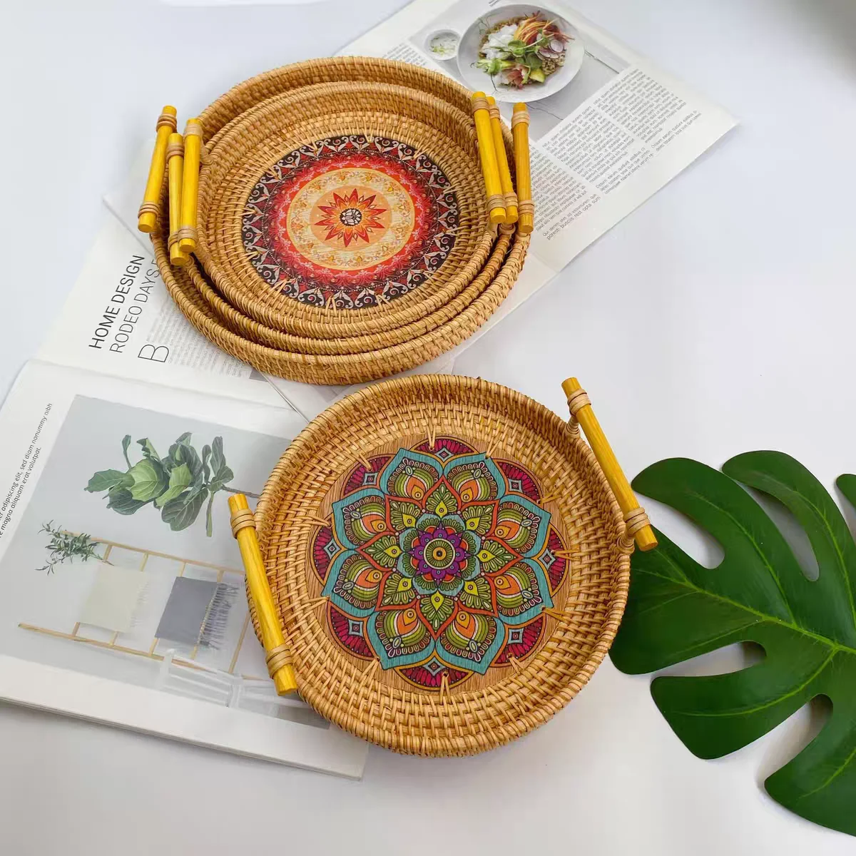 Handmade Rattan Tray Creative Colorful Printing Flower Picnic Round Home Decoration Storage Coffee Dessert Snack Lugs Tray