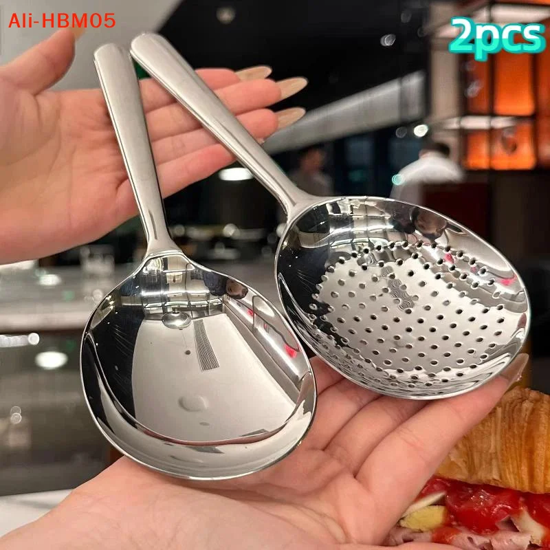 (HB05)Stainless Steel Serving Spoon Restaurant Public Use Filtering Soup Rice Ladle Large Size Silver Tone Kitchen Utensil Set