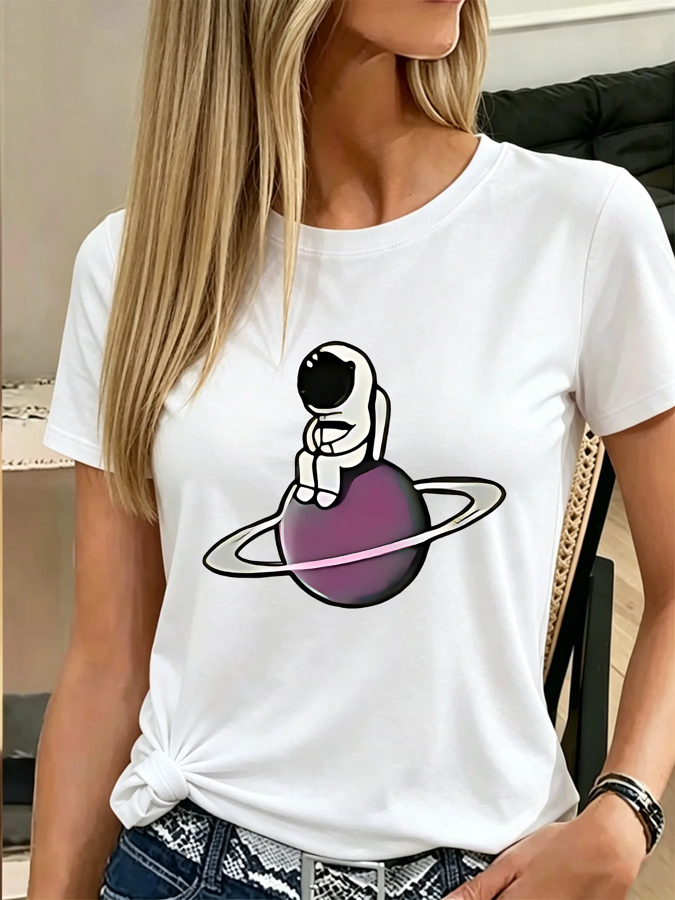 Cute Astronaut Saturn Planet Graphic Womens T Shirt Cosmic Outer Space Tee Short Sleeve Casual Daily Streetwear Ladies Tops