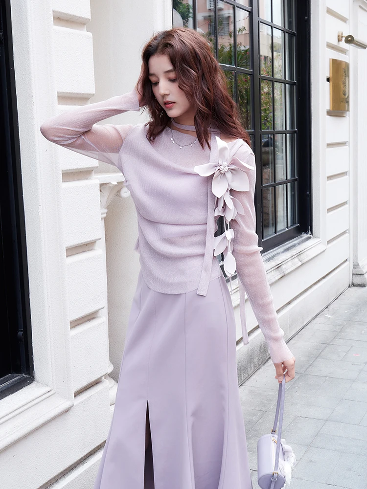 Schmal geschnittenes Midikleid-Set mit langen Ärmeln, Frontschlitz und Peter-Pan-Kragen von Uncle Peter Pan, modisches französisches Damenkleid...