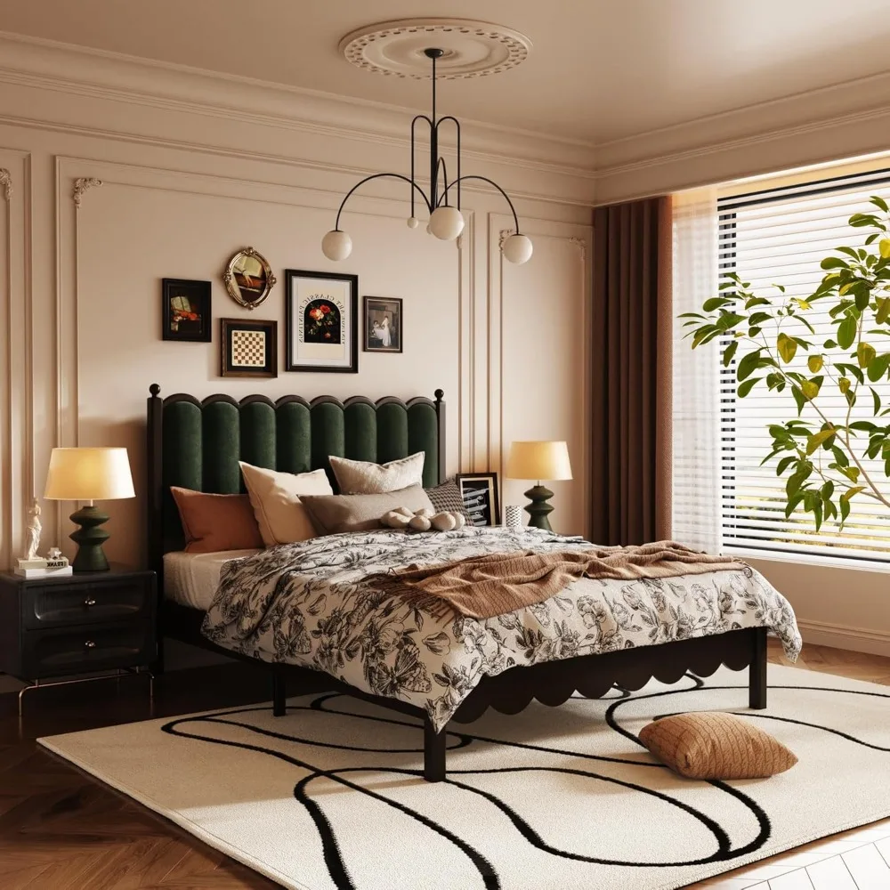 Wood Queen Size Bed Frame, Velvet Platform Bed with 55